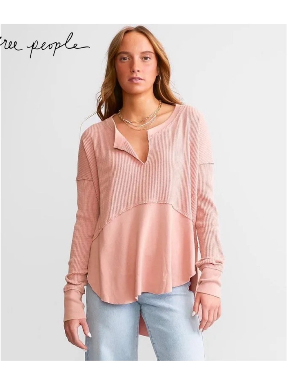 Free People We The Free Monterey Pieced Waffle Knit Top in Rosie Size Small